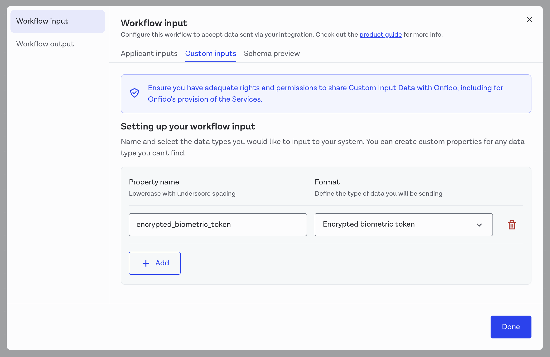 Encrypted biometric token as custom input data