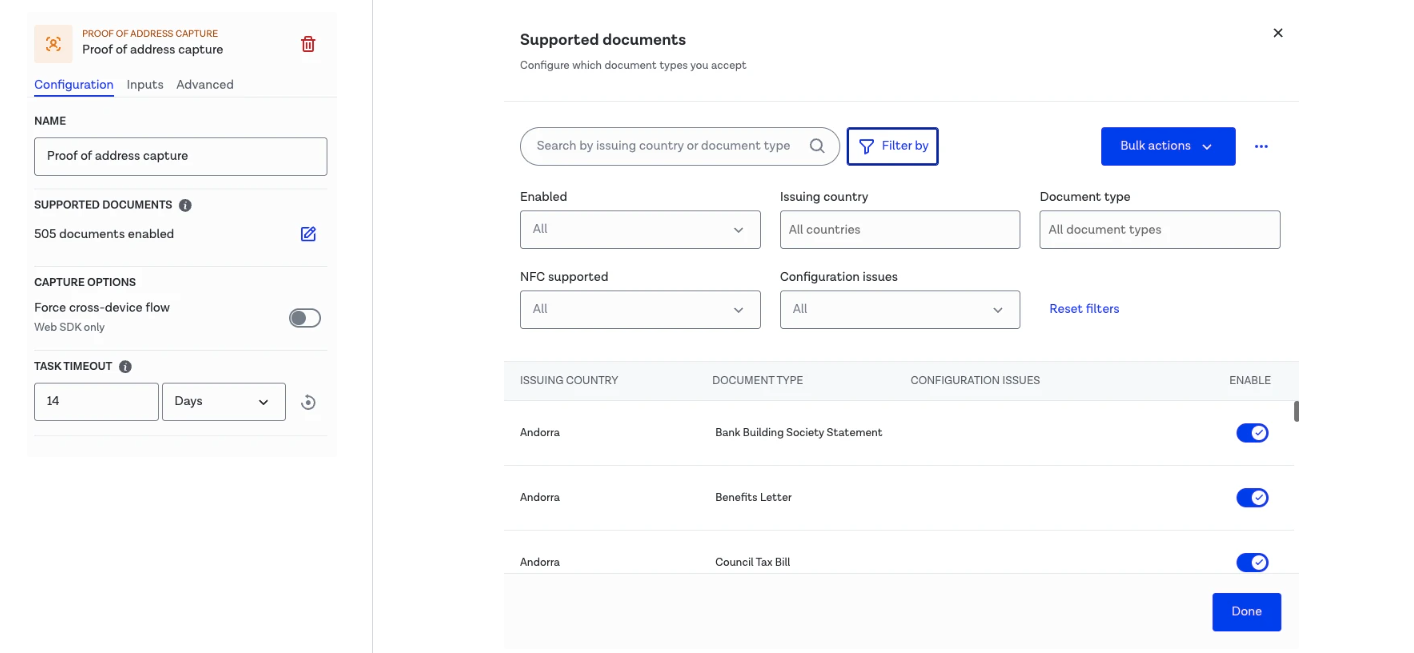 Proof of Address supported document configuration